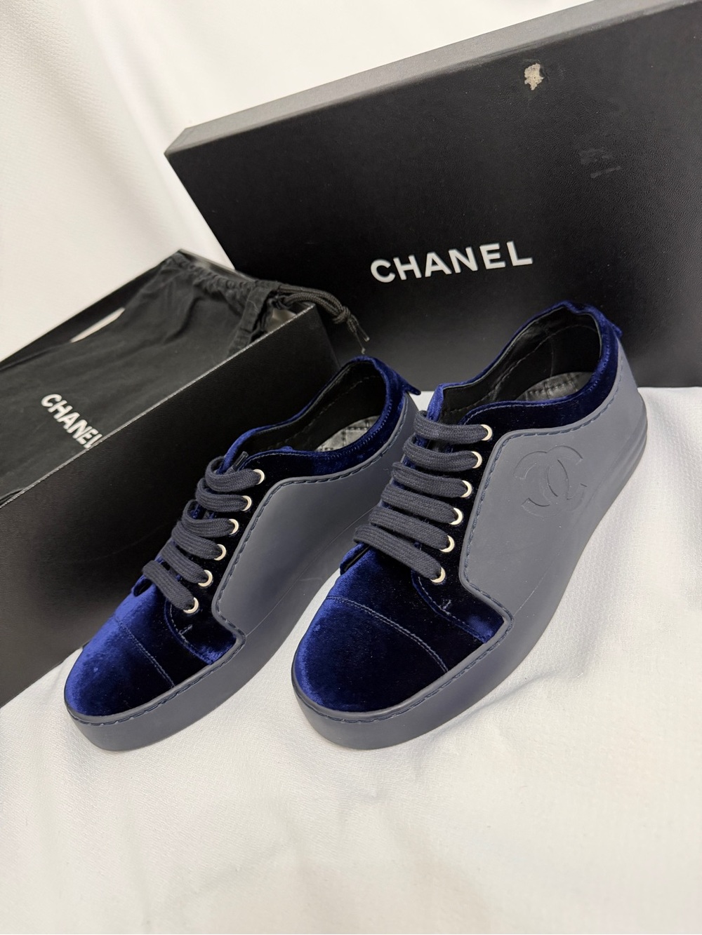 CHANEL Navy Velvet and Gray Leather Low-Top Sneakers